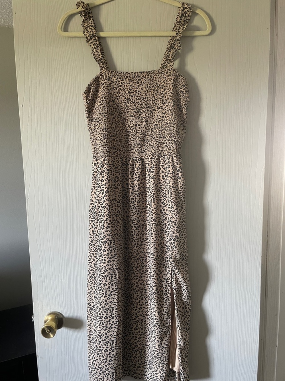 Abercrombie Smocked Leopard-Print Midi Dress in Beige